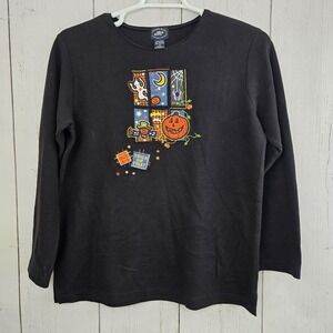 Vtg Women's Med Embroidered Longsleeve Moving Bleu Halloween Black Pumpkin Ghost